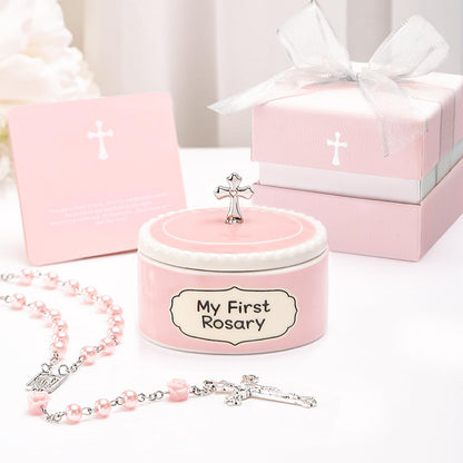 Baptism Gifts for Girl - My First Rosary with Ceramic Keepsake Box, Catholic Christening Gift Set, Pink Rosary for Kids, Baptism, First Communion & Baby Dedication Gifts for Newborn Baby Girls