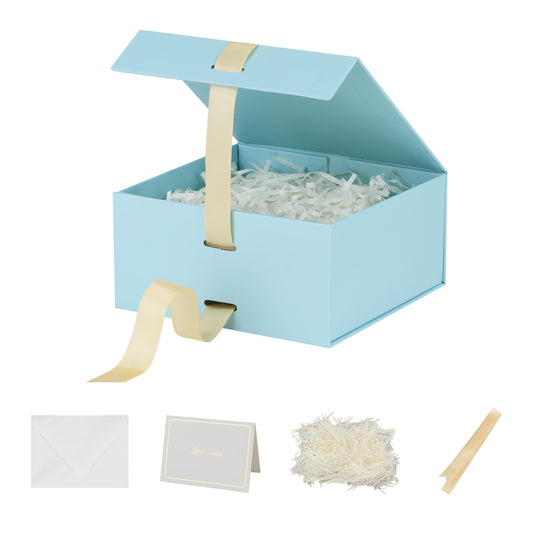 Skivra Blue Gift Box with Ribbon - 1 Pack, 6x6x3 Inch Small Collapsible Luxury Box with Lid, Magnetic Closure, Rectangle, Wedding Gifts, Shredded Paper Filler & Card
