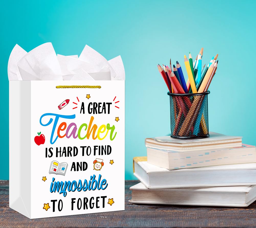 FaCraft Teacher Gift Bags with Handle-11.5" Large Teacher Appreciation Gift Bag with Tissue Paper End of Year Graduation Gifts for Teachers Retirement Appreciation Day Xmas Gifts for Teachers
