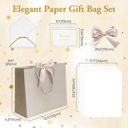MESHA Gift Bags Set with handles and Bow Ribbon, 2 Greeting Cards and 1 Matching Envelope with 4 Tissue Paper ,1Pcs Champagne Luxury Portable Paper Gift Bag for Baby Shower Birthday Party Favor Wedding Graduation Mother's Father's Day