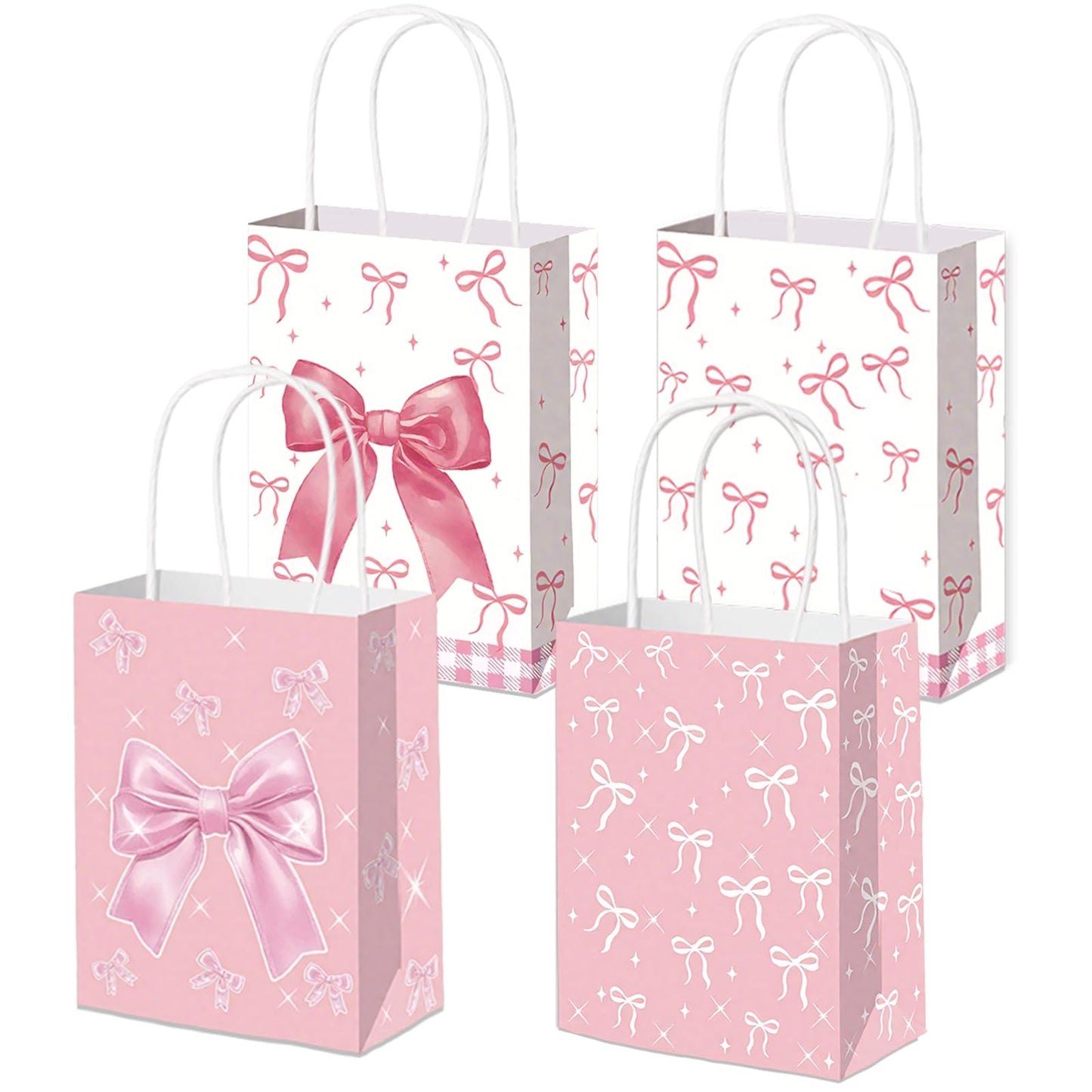 12pcs Pink Bow Gifts Bags with Handles, Small Gifts Bags Medium Size for Birthday Baby Shower Bachelorette, Pink Goodie Pouch for Candy Favors Treats Coquette Paper Pouch Party Supplies