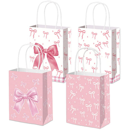 12pcs Pink Bow Gifts Bags with Handles, Small Gifts Bags Medium Size for Birthday Baby Shower Bachelorette, Pink Goodie Pouch for Candy Favors Treats Coquette Paper Pouch Party Supplies