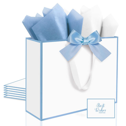 Ethhqu 3 Pack Elegant Large Gift Bags with Handles, 12.6x10x4 Inch - Set Includes Tissue Paper & Cards for Birthday, Baby Shower, Wedding, Anniversary, Mothers Day & Holiday Gifts (3Pcs White with Blue Rim)