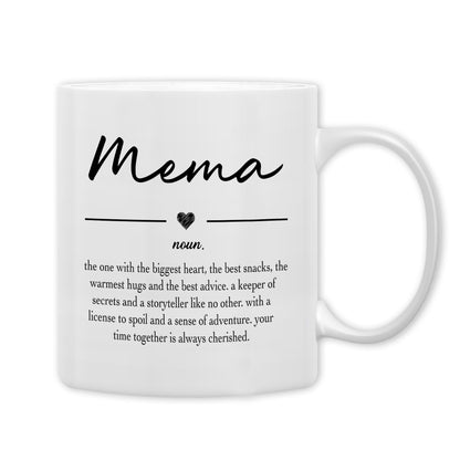 QASHWEY Mema Gifts Coffee Mug, Gifts for Memas Grandma from Grandkids Grandchildren, Grandma Coffee Mug, Mothers Day Mugs Tea Cup Gift for GrandmaMema, Mema Definition CoffeeCup Ceramic 11oz