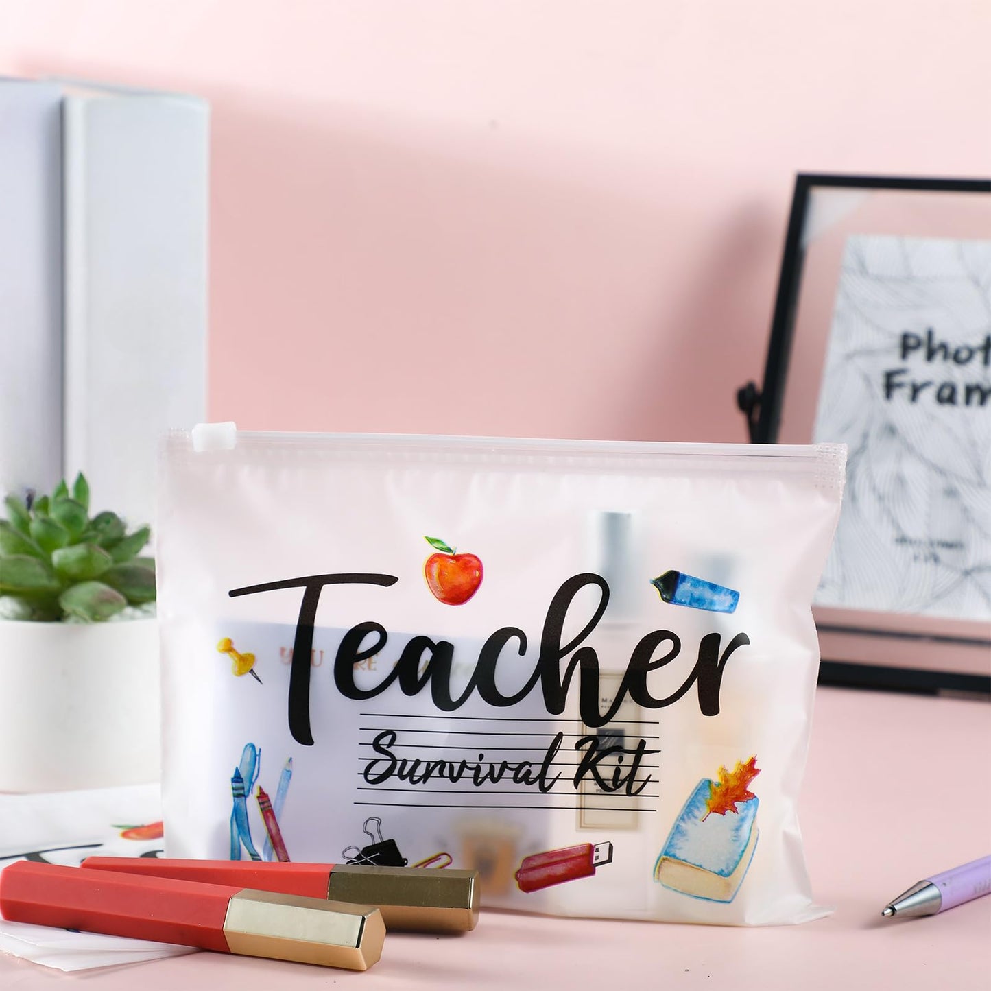 60 Pcs Teacher Appreciation Gifts Bulk Small Waterproof Makeup Toiletry Bag Pouch Cosmetic Pencil Bag Thank You Gifts for Women Men Travel Graduation Season Supplies(Teacher Survival Kit)