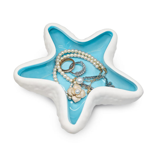 Starfish Jewelry Dish Ceramic Trinket Tray - Ocean Themed Ring Holder for Earrings, Necklaces, Beach & Bathroom Organizer with Glossy Glaze, Coastal Room Decor Gift for Women