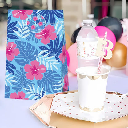 24 Pcs Cute Cartoon Pink Blue Hibiscus Party Gift Bags with Stickers Hawaiian Party Favors Paper Goodie Bags for Hawaiian Tropical Birthday Supplies(24Pcs-bags)