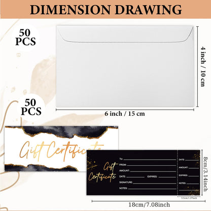 50 Sets Gift Certificates for Business, Blank Gift Cards Certificates with Envelopes, Gifts for Salon Restaurants Spa Marriage Birthday Client Vouchers 5.9 x 2.36 Inch - Black Marble
