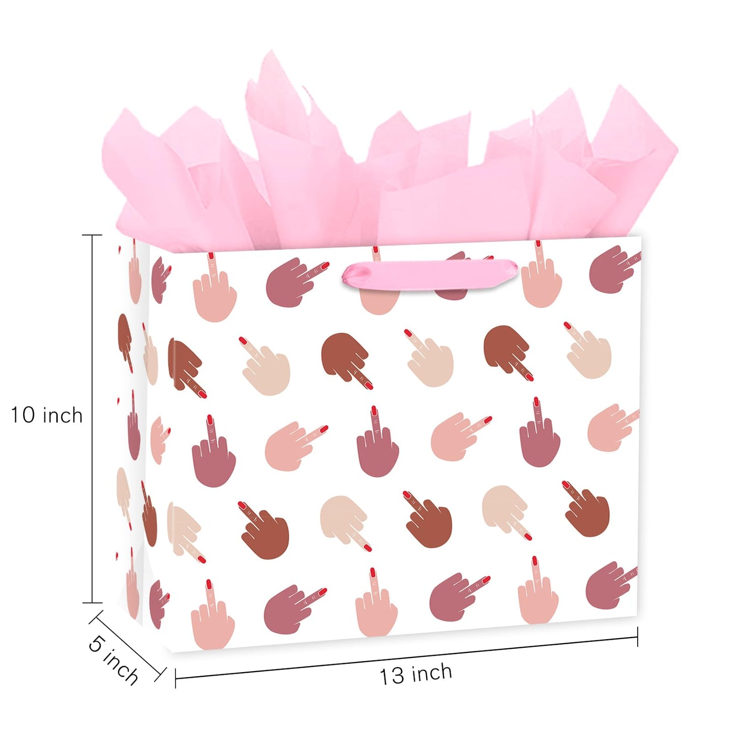 Loveinside 13" Large Funny Middle Finger Gift Bag, Bold Hand Gestures Pattern Gift Bag with Tissue Paper for Friends, Women, Adult Humor, Birthday, Bachelorette, Prank Gifts, 13" x 5" x 10", 1 Pcs