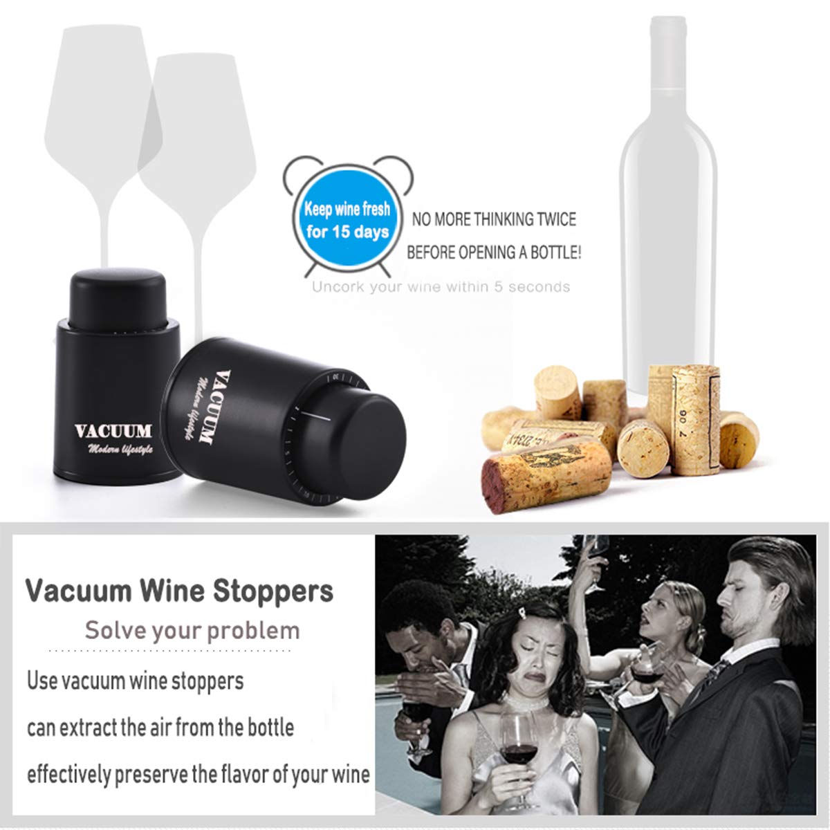 Wine Bottle Stoppers,Real Vacuum Stoppers,Reusable Wine Preserver,Wine Corks Keep Fresh,Best Christmas and Birthday Gifts for Wine Lovers.