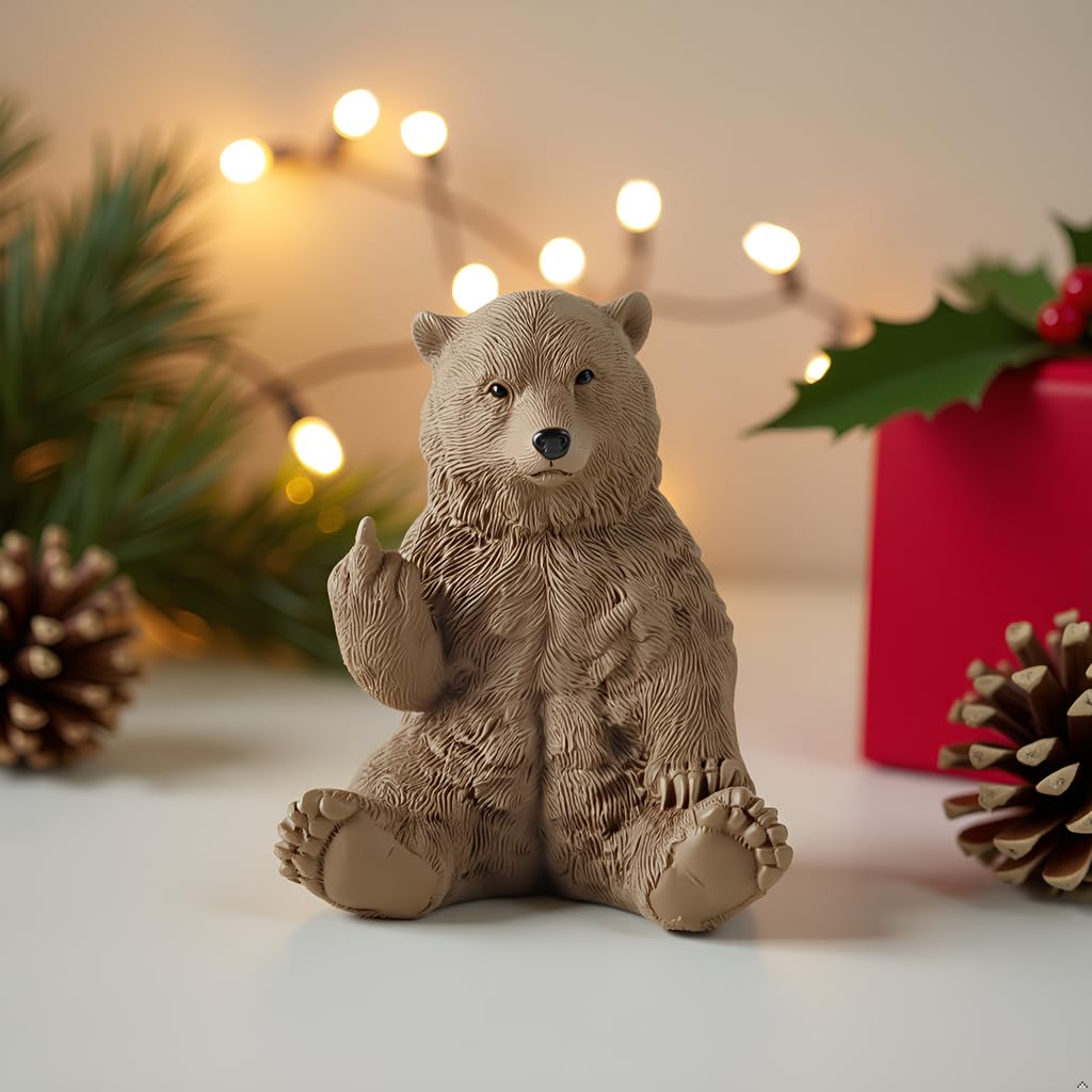 JFSM INC. Holiday Stocking Stuffer, Brown Bear Raising Middle Finger Figurine Funny Hilarious Decor - Gifts, Cabin Themed