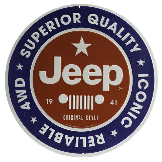 Jeep Round Embossed Metal Sign - Vintage Jeep Sign for Garage or Man Cave