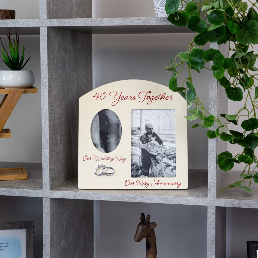 Haysom Interiors Contemporary 40 Years Together Then and Now Ruby Anniversary Light Beige Frame with Double Silver Rings | Beautiful 40th Anniversary Picture Frame by Happy Homewares