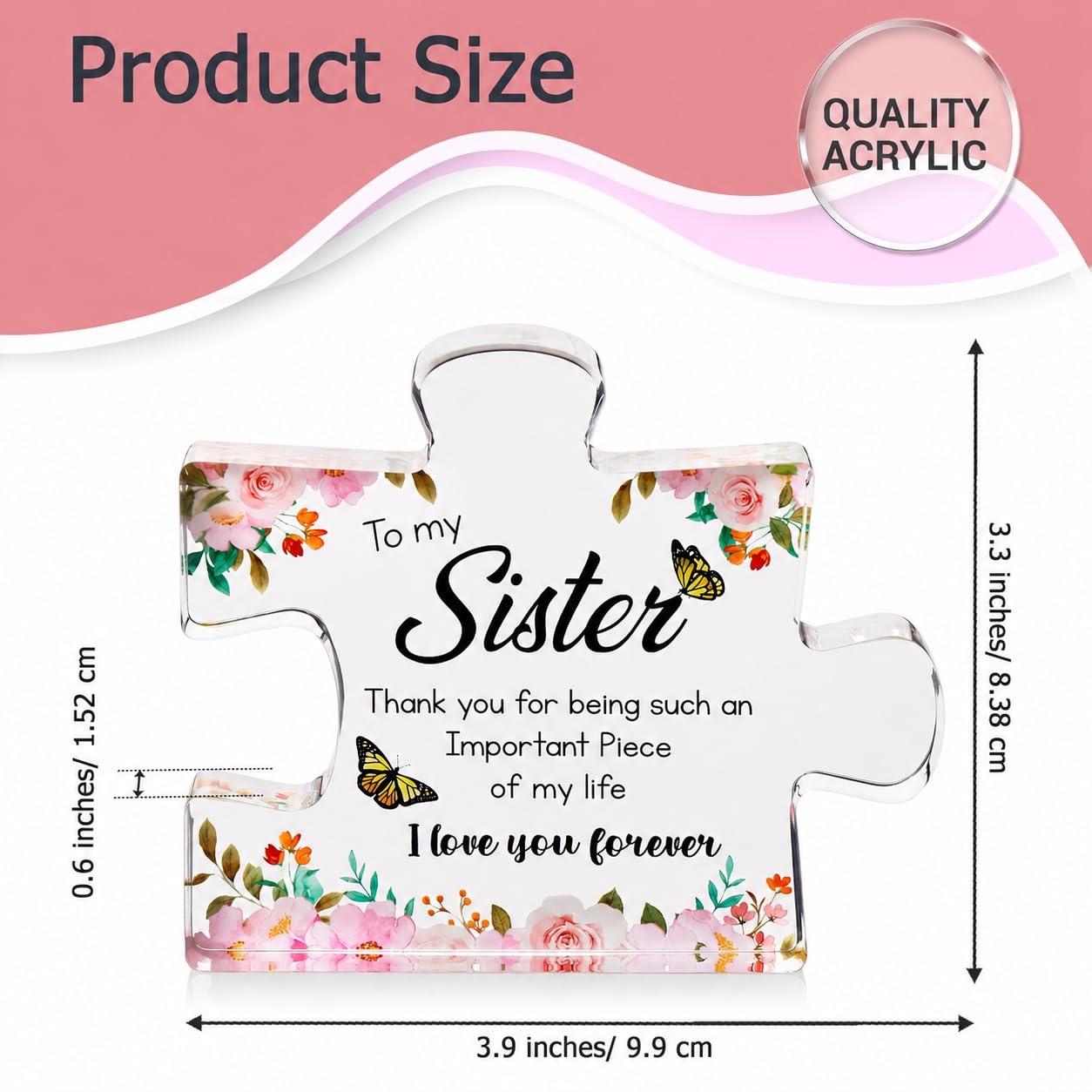 VELENTI Gifts for Mothers Day - Sister Engraved Acrylic Puzzle Piece with Heartfelt Message - Perfect Sister Birthday, Thanksgiving, Paperweights - Cute Decoration for Home, Office