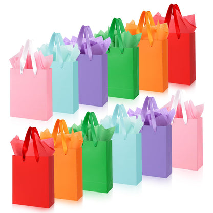 Ethhqu 12-Pack Small Gift Bags with Handles - Includes 24 Tissue Papers, 6.3x4.7x2.4 Inches Mini Gift Card Bag for Birthday Party, Baby Shower, Wedding, Holiday