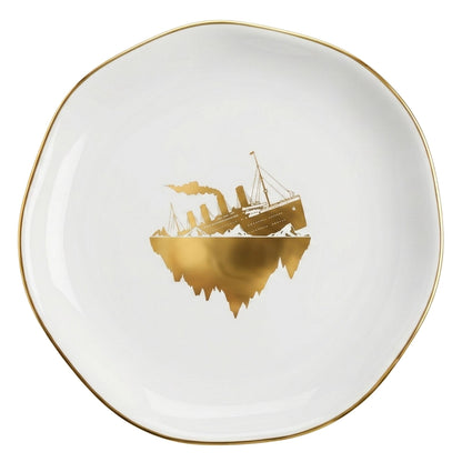InnoBeta Titanic Gifts - 4.75" Handcrafted Ceramic Ring Dish with Gold Trim, Decorative Trinket Dish for Rings Earrings Necklaces