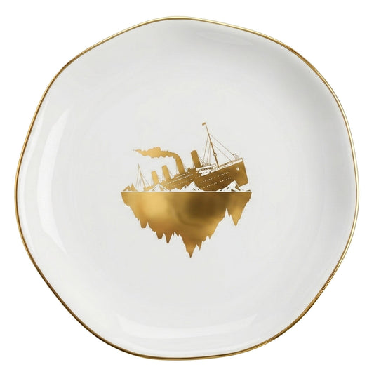 InnoBeta Titanic Gifts - 4.75" Handcrafted Ceramic Ring Dish with Gold Trim, Decorative Trinket Dish for Rings Earrings Necklaces