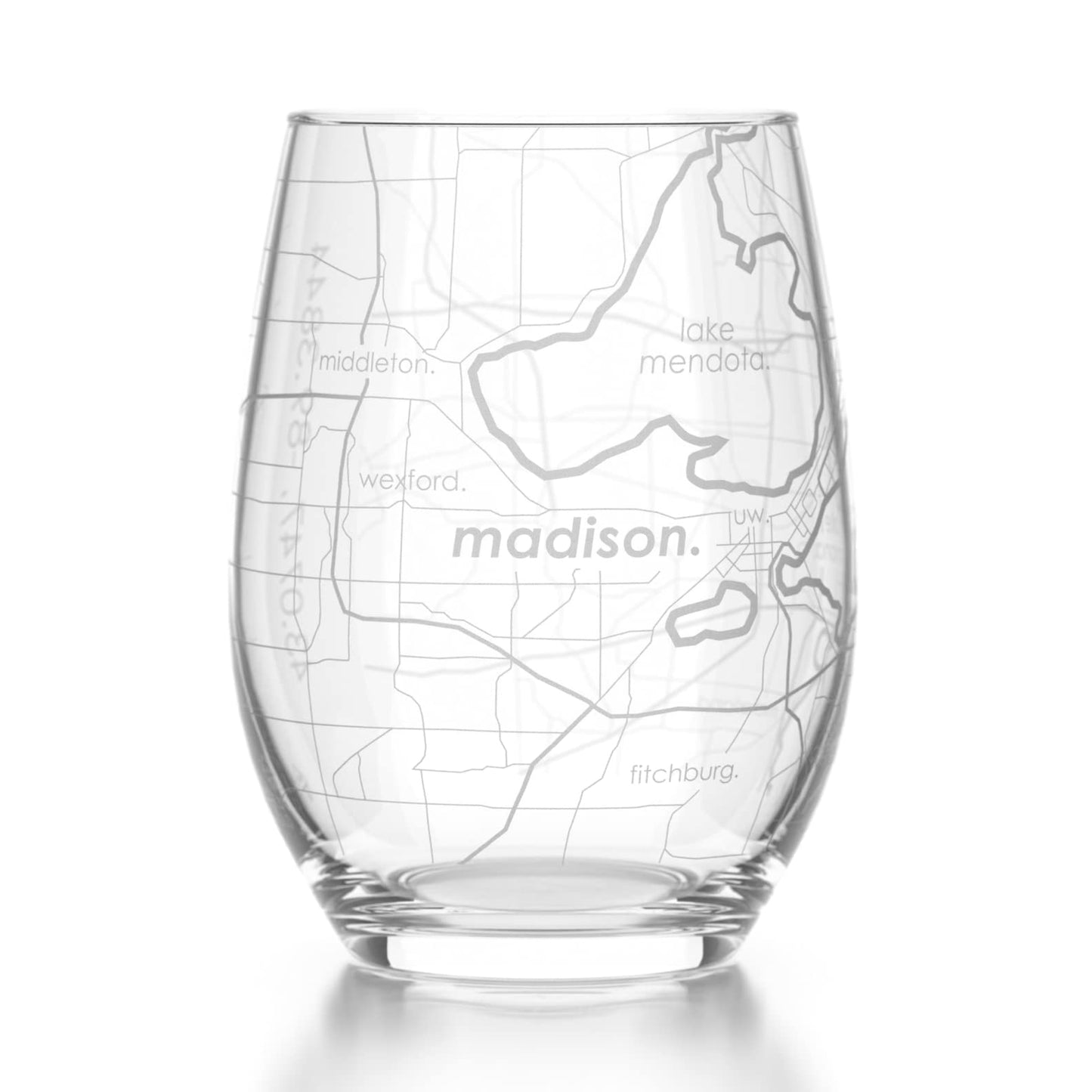 Well Told Engraved Madison Wisconsin Map Stemless Wine Glass, Etched Glass (15 oz, Clear) City Custom Gifts for Lovers