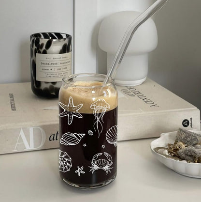 Mikopei Beach Gifts for Women - Ocean Animals Glass Cup with Lid and Straw, Cleaning Brush, Beach Room Decor, Coastal Decor for Home, Beachy Decorations, Iced Coffee Cup Tumbler, 16 oz