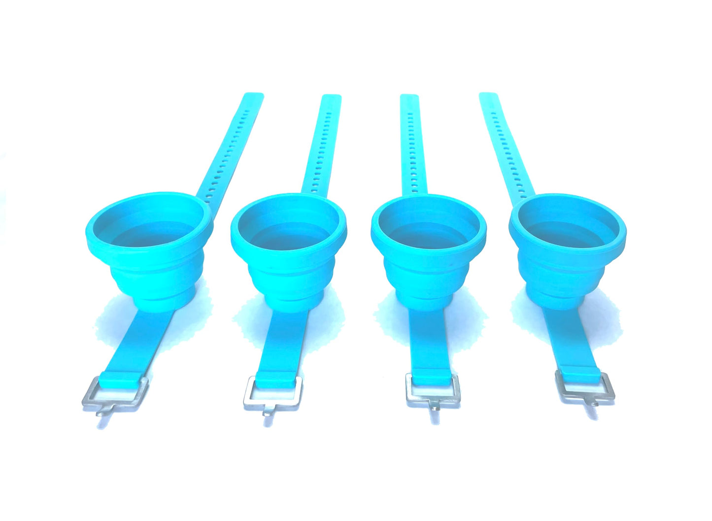 Collapsible and Portable Shot Ski Kit - 4-pack w/ carrying pack. Silicone cups with an adjustable strap that turn any object into a "shot ski"