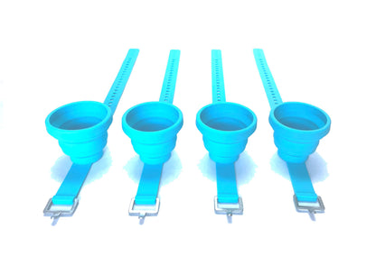 Collapsible and Portable Shot Ski Kit - 4-pack w/ carrying pack. Silicone cups with an adjustable strap that turn any object into a "shot ski"