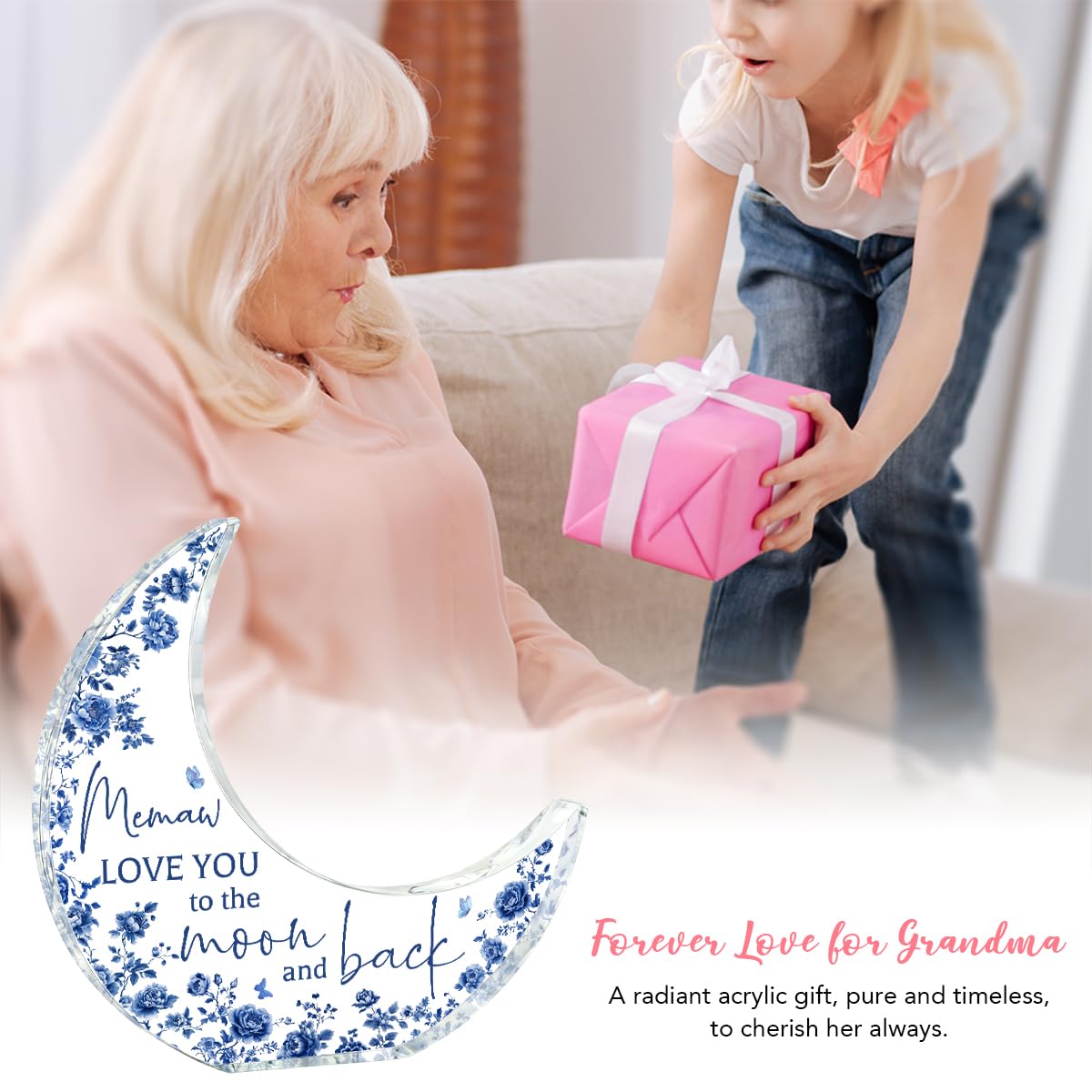 Mothers Day Gifts for Memaw From Grandkids Acrylic Puzzle Moon Piece Decorations 5.0 x 5.0 inch Mothers Day Birthday Gifts for Memaw, Gifts Ideas for Memaw Blue