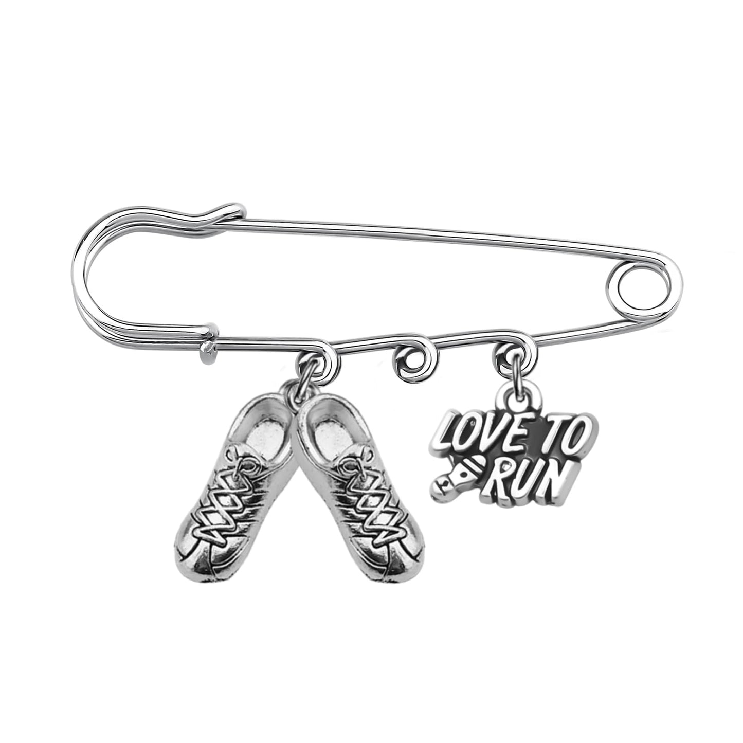 BEKECH Marathon Runner Gift Love To Run Running Shoe Charm Safety Pin Brooch Marathon Cross Country Running Gifts for Runners