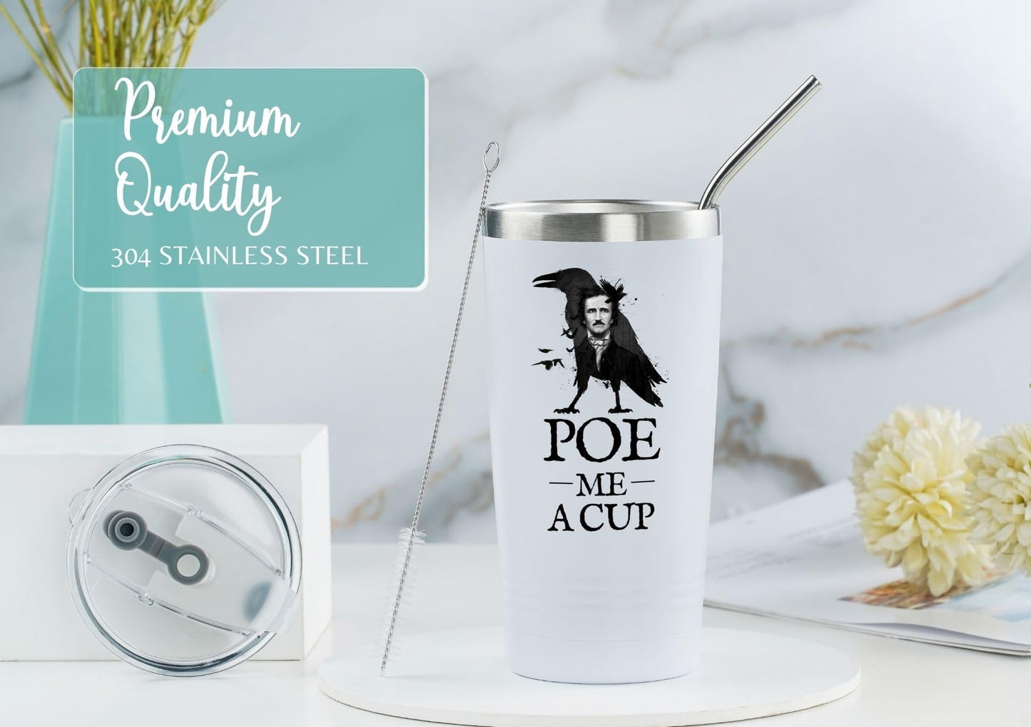 Onebttl Edgar Allan Poe Gifts for English Teacher, Men, Women for Christmas, Birthday, 20 oz Stainless Steel Insulated Tumbler Travel Coffee Mug - POE ME A CUP (White)