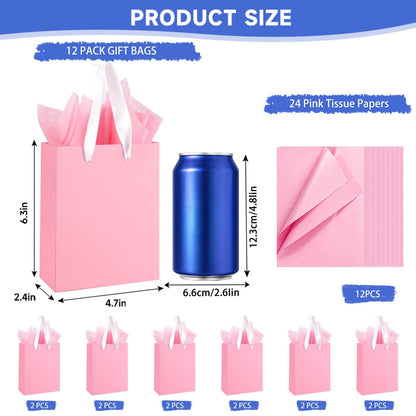 Ethhqu 12-Pack Small Pink Gift Bags with Handles - Includes 24 Tissue Papers, 6.3x4.7x2.4 Inches Mini Gift Card Bag for Birthday Party, Baby Shower, Wedding, Holiday