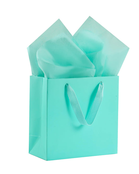 KEYYOOMY Mini Teal Blue Gift Bags with Handles Wide Bottom Gift Bags with Tissue Paper Party Favor Bag Goodie Bag for Wedding Birthday Christmas Shopping Business (10 CT, 4x4x2 Inch, Teal Blue)