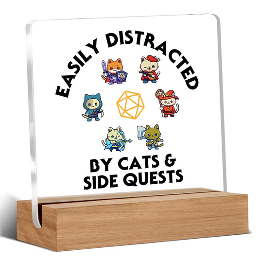 Funny DND Gifts for RPG Gamers, Dungeon and Dragon Gift, Nerdy Gifts for Men Women Gamers, Cats & Side Quest Acrylic Desk Signs Decor 4 × 4 Inches