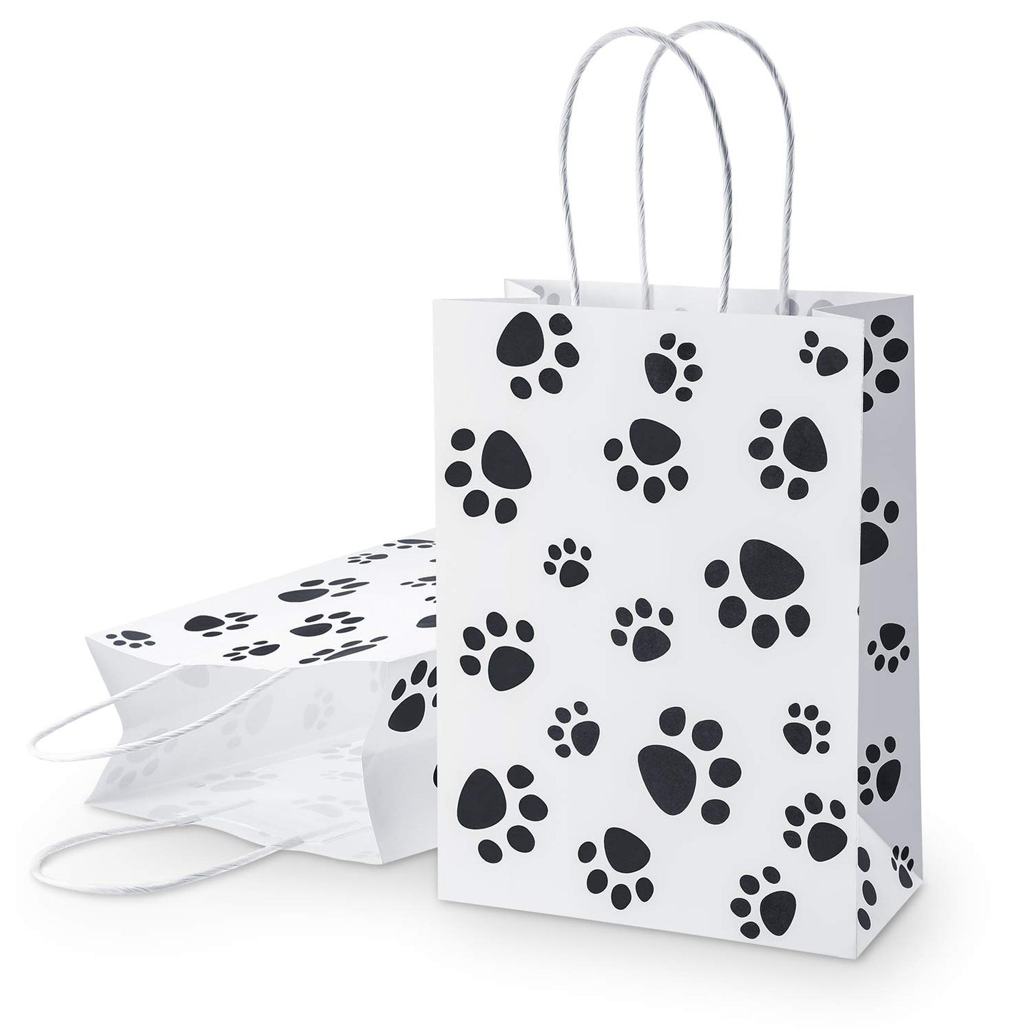 Blulu 20 Pcs Puppy Dog Paw Gift Bags with Paper Twist Handles, Dog Gift Paper Paw Treat Goodie Bags for PET Treat Party Favor, 6.3 x 3.1 x 8.6 Inch(White Backing)