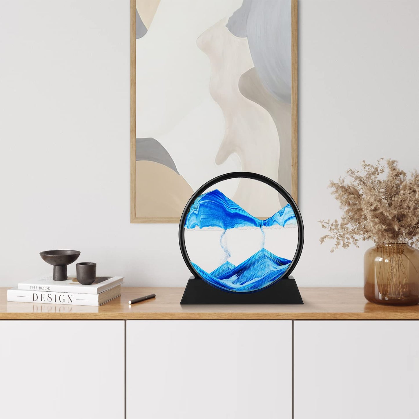 Moving Sand Art Picture - 3D Quicksand Painting Decor - Round Glass 3D Deep Sea Sandscape - Relaxing Decoration for Home,Office,Desk,Mantle,Bookshelf,Room- (Blue, 7 in)