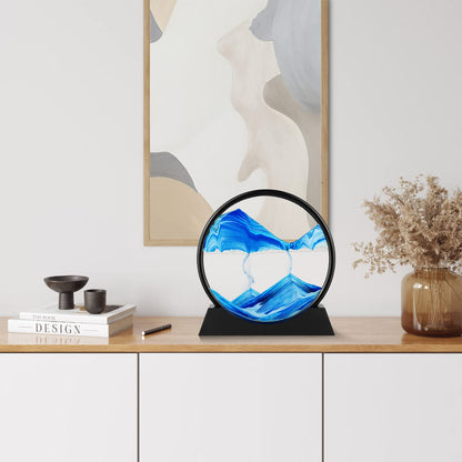 Moving Sand Art Picture - 3D Quicksand Painting Decor - Round Glass 3D Deep Sea Sandscape - Relaxing Decoration for Home,Office,Desk,Mantle,Bookshelf,Room- (Blue, 7 in)