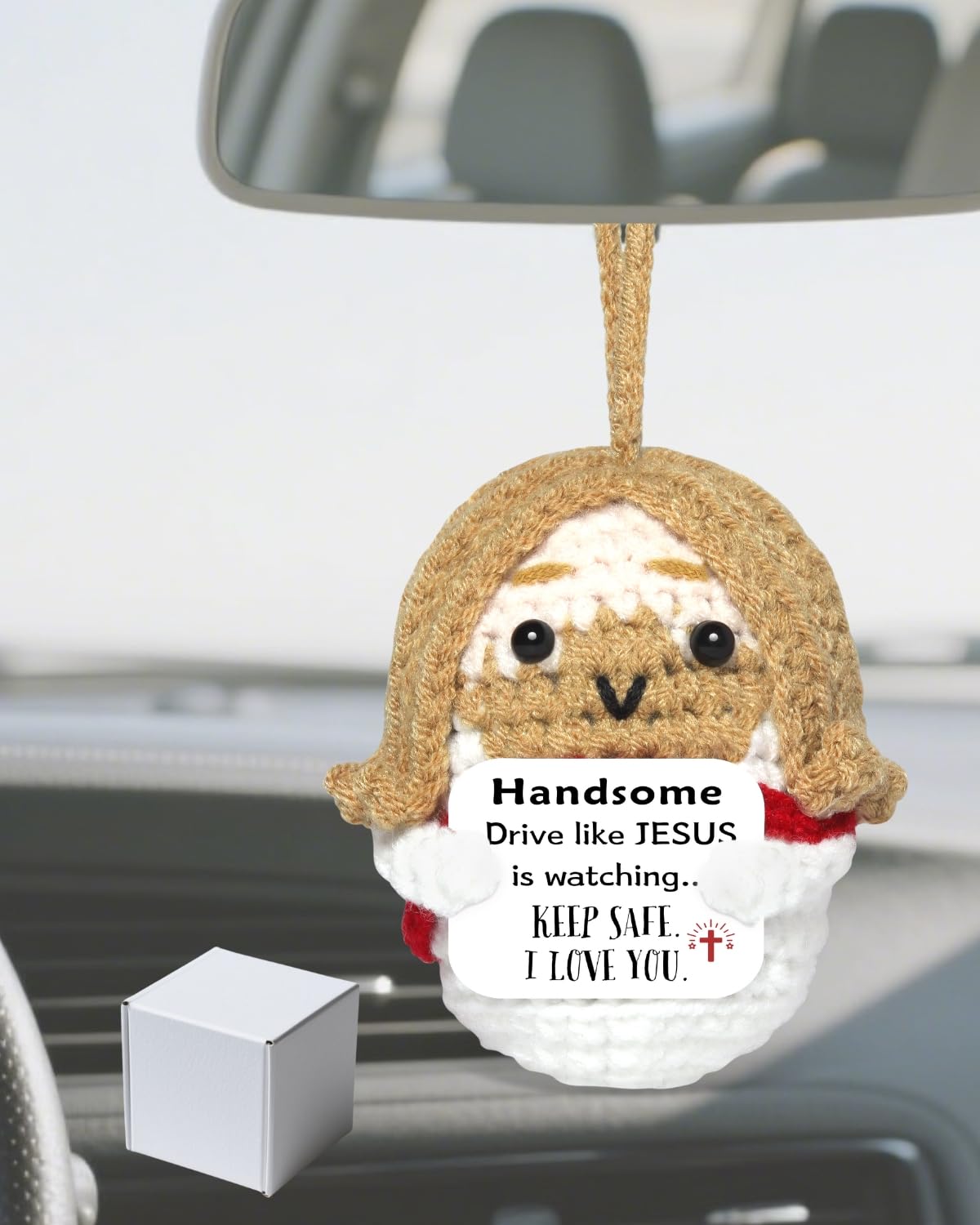 Easter Basket Stuffers for Men Driver: Crochet Little Jesus Christian Gifts Handmade Car Decors with 'Keep Safe' Cards Rearview Mirror Hanging Accessories, Catholic Religious Husband Him Gift Ideas