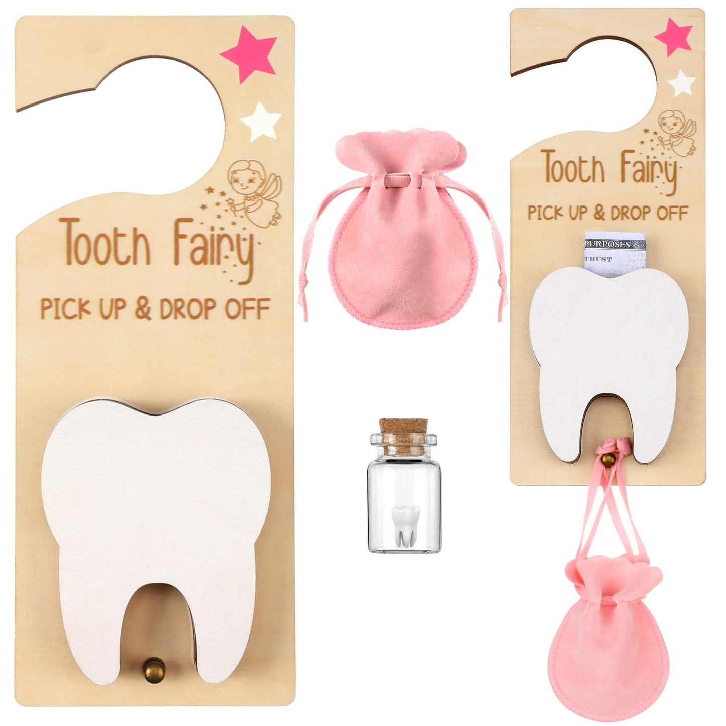 DoubleFill Tooth Fairy Gift Holder Bag Door Hanger Tooth Fairy Kit Stores Lost Teeth Keepsake Box Easter Gift World Oral Health Day Gifts for Lost Teeth Boy Girl(Classic,Pink)