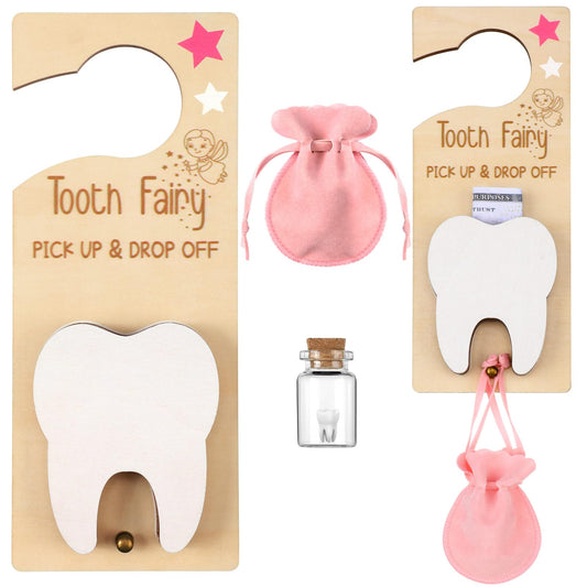 DoubleFill Tooth Fairy Gift Holder Bag Door Hanger Tooth Fairy Kit Stores Lost Teeth Keepsake Box Easter Gift World Oral Health Day Gifts for Lost Teeth Boy Girl(Classic,Pink)