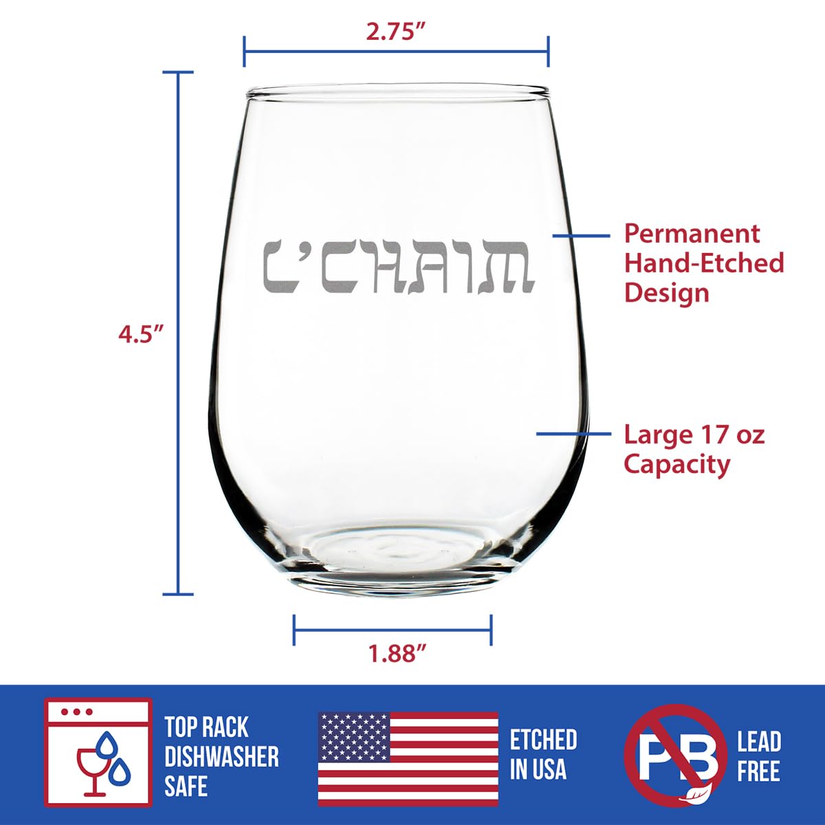Bevvee L'Chaim - Hebrew Cheers Stemless Wine Glass - Fun Jewish Gifts or Party Decor for Women & Men - Large 17 Oz Glasses