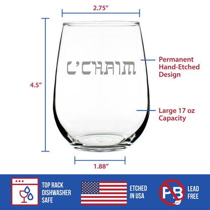 Bevvee L'Chaim - Hebrew Cheers Stemless Wine Glass - Fun Jewish Gifts or Party Decor for Women & Men - Large 17 Oz Glasses