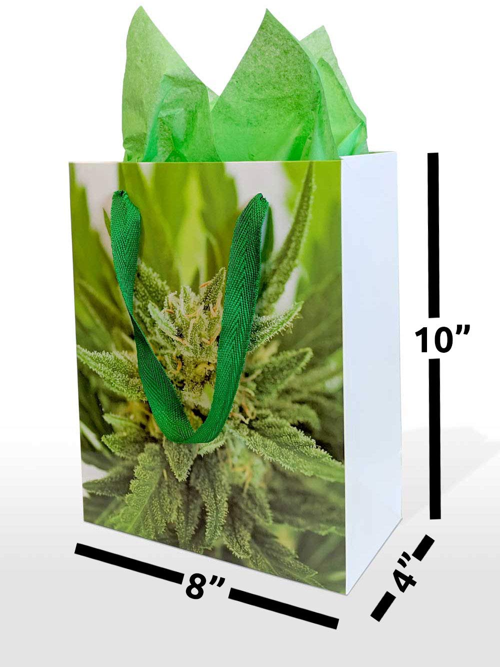 Gift Bag with Tissue, Medium Size, Marijuana Bud Print, with Cotton Handles, for Christmas, Holiday, Birthday, Wedding, Bachelor, and Bachelorette Occasions