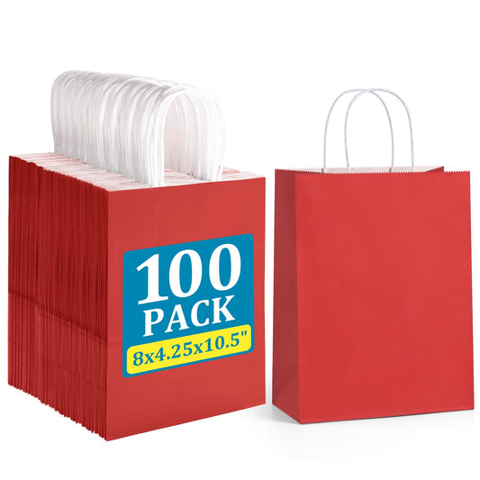 BagDream 8x4.25x10.5 Inch 100Pcs Red Gift Bags Medium Size, Kraft Paper Bags with Handles Bulk for Wedding, Party Favors, Business, Christmas, Grocery Paper Sacks