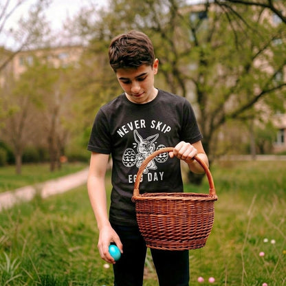 Mens Never Skip Egg Day T Shirt Funny Easter Bunny Work Out Joke Novelty Tee for Guys