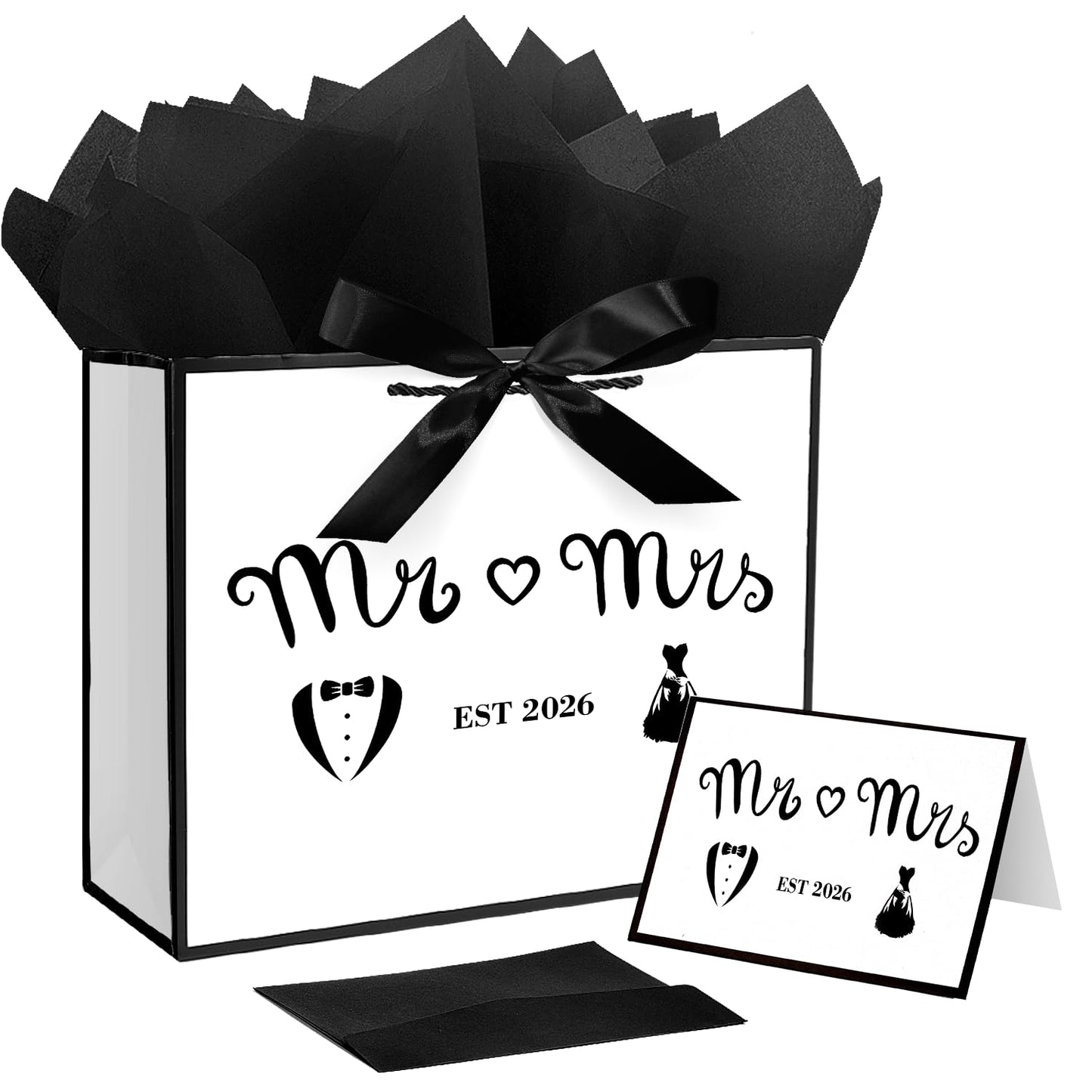 Jaywayang Large EST 2026 Mr & Mrs Wedding Gift Bag with Ribbon and Tissue Paper, 12.6" White and Metallic Black Bridal Shower Gift Bags, Engagement, Wedding Shower Party Favor.