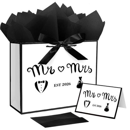 Jaywayang Large EST 2026 Mr & Mrs Wedding Gift Bag with Ribbon and Tissue Paper, 12.6" White and Metallic Black Bridal Shower Gift Bags, Engagement, Wedding Shower Party Favor.
