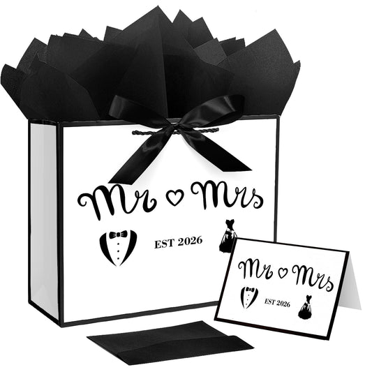 Jaywayang Large EST 2026 Mr & Mrs Wedding Gift Bag with Ribbon and Tissue Paper, 12.6" White and Metallic Black Bridal Shower Gift Bags, Engagement, Wedding Shower Party Favor.