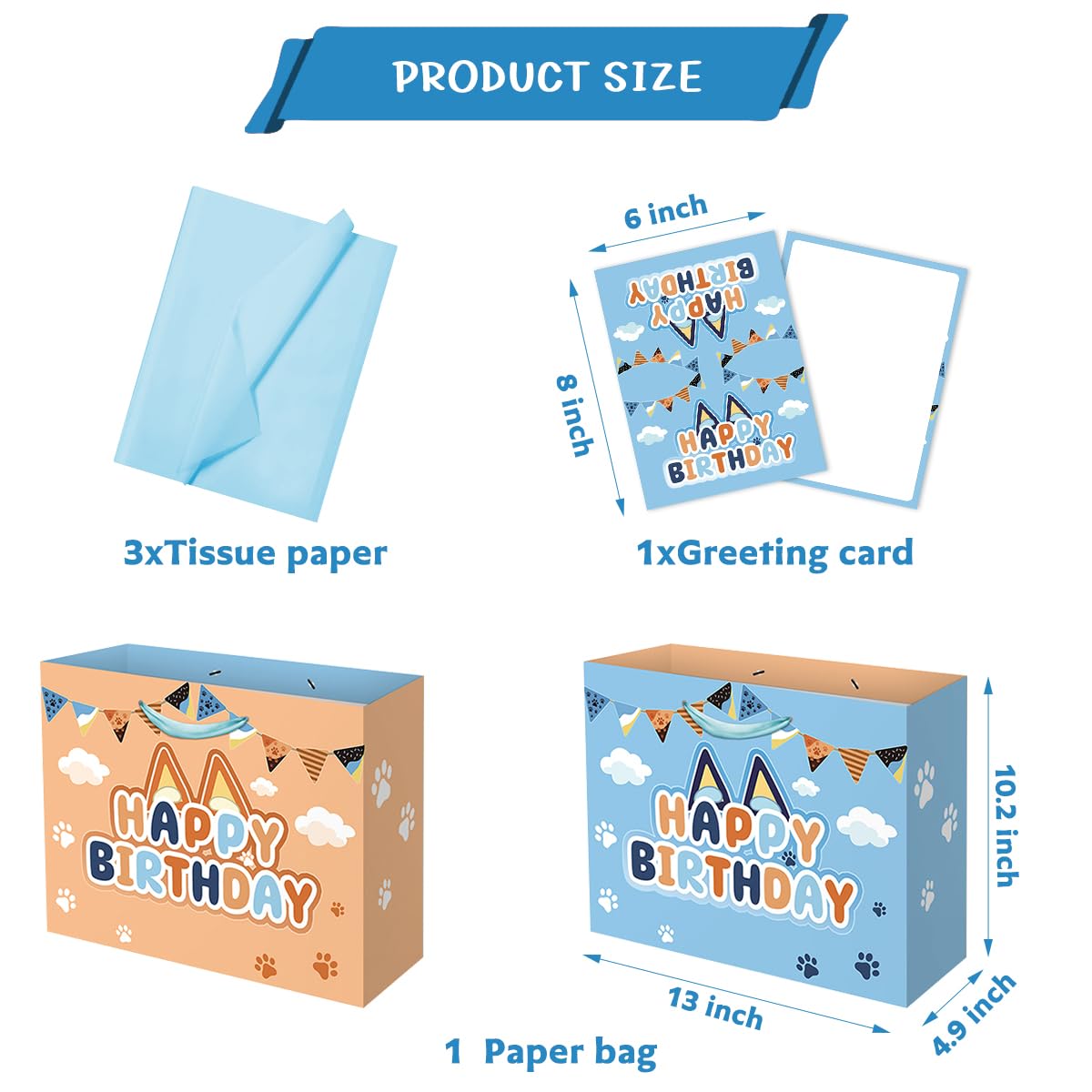 NF ORANGE Blue Dog Party Bag Inculde 13'' Large Tissue Paper Greeting Card, Dog Theme Birthday Party Decoration
