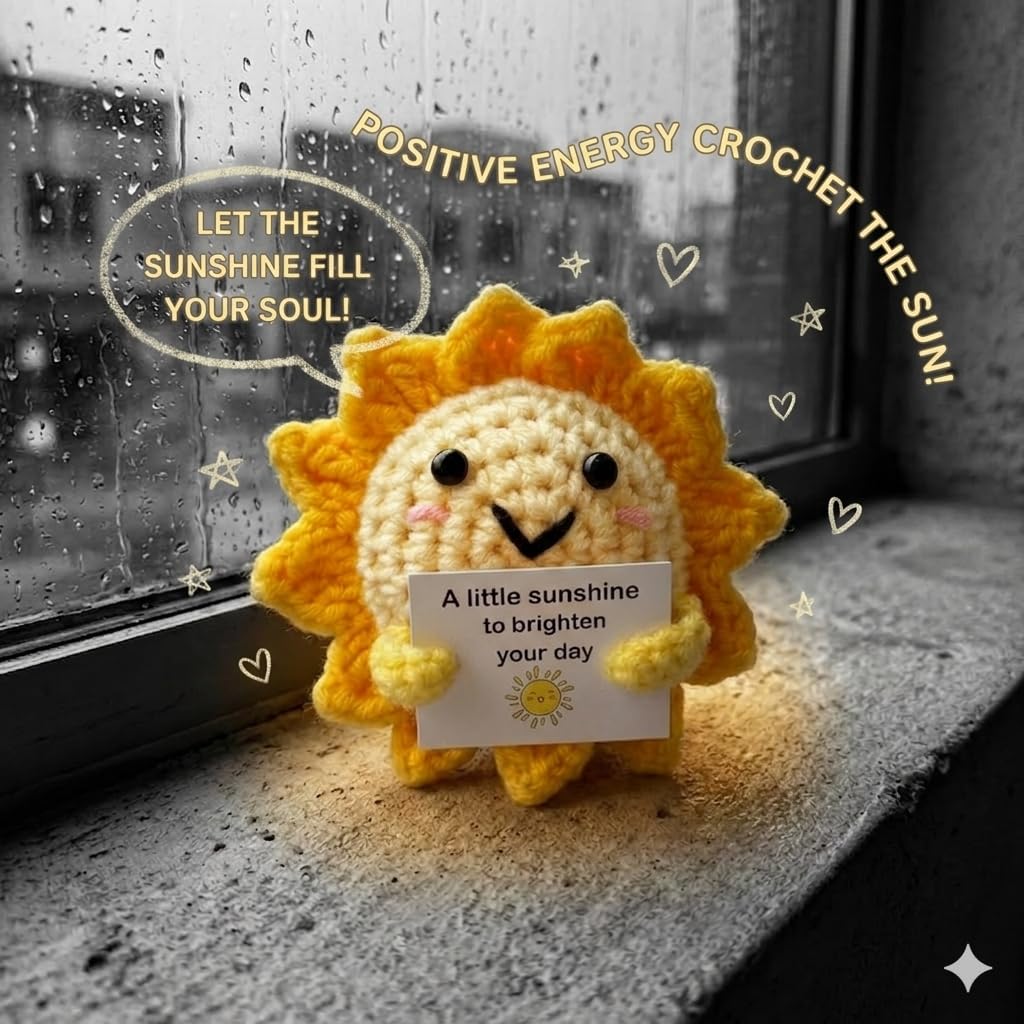 Positive Energy Crochet Sun Gift with Inspiring Affirmation Card, Handmade Emotional Support Sunshine, Thoughtful Stress Relief Present for Women and Men, Cute Birthday and Office Desk Décor