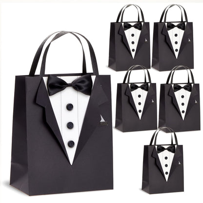 Sparkle and Bash Groomsmen Gift Bags With 3D Tuxedo Design, Satin Bow Tie & Real Buttons - Black, 6 Pack, 8 x 4.5 x 10 In - Wedding & Bachelor Party - Tuxedo Gift Bags for Men