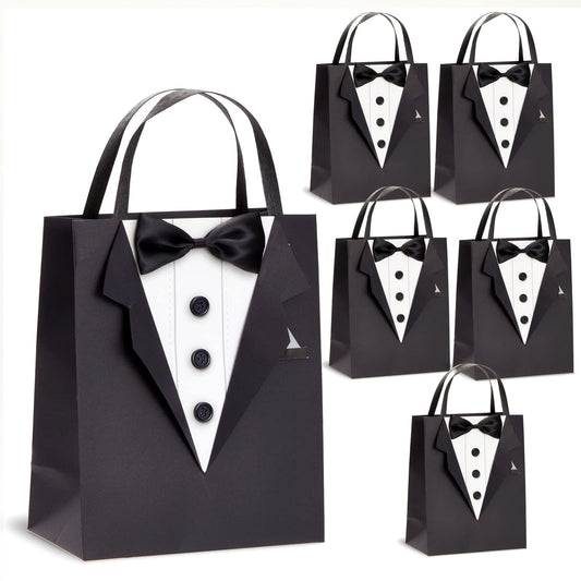 Sparkle and Bash Groomsmen Gift Bags With 3D Tuxedo Design, Satin Bow Tie & Real Buttons - Black, 6 Pack, 8 x 4.5 x 10 In - Wedding & Bachelor Party - Tuxedo Gift Bags for Men