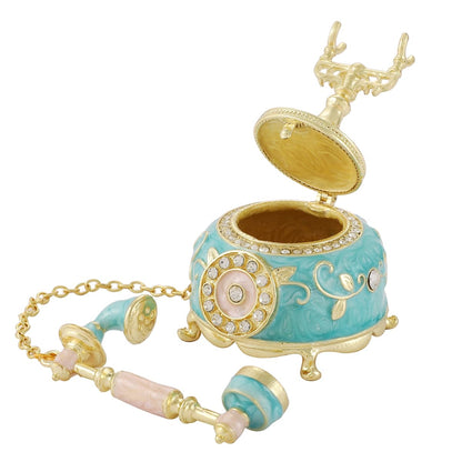Retro Telephone Shape Trinket Boxes Hinged Hand-Painted Small Jewelry Box Enamel Wedding Favor Unique Gift for Women (Blue)
